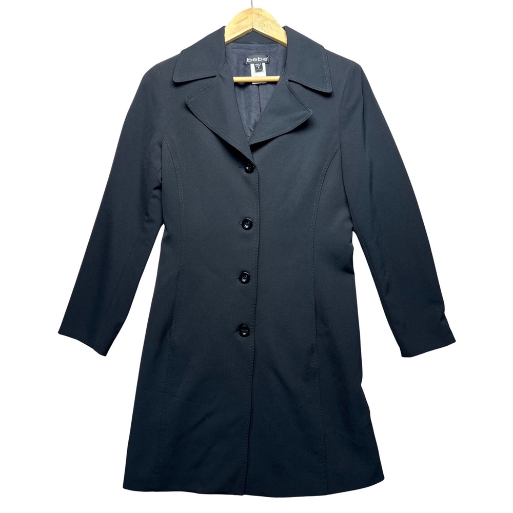Bebe Black Button Up Collarless Long‎ Sleeve Trench Coat Style Jacket Womens  6